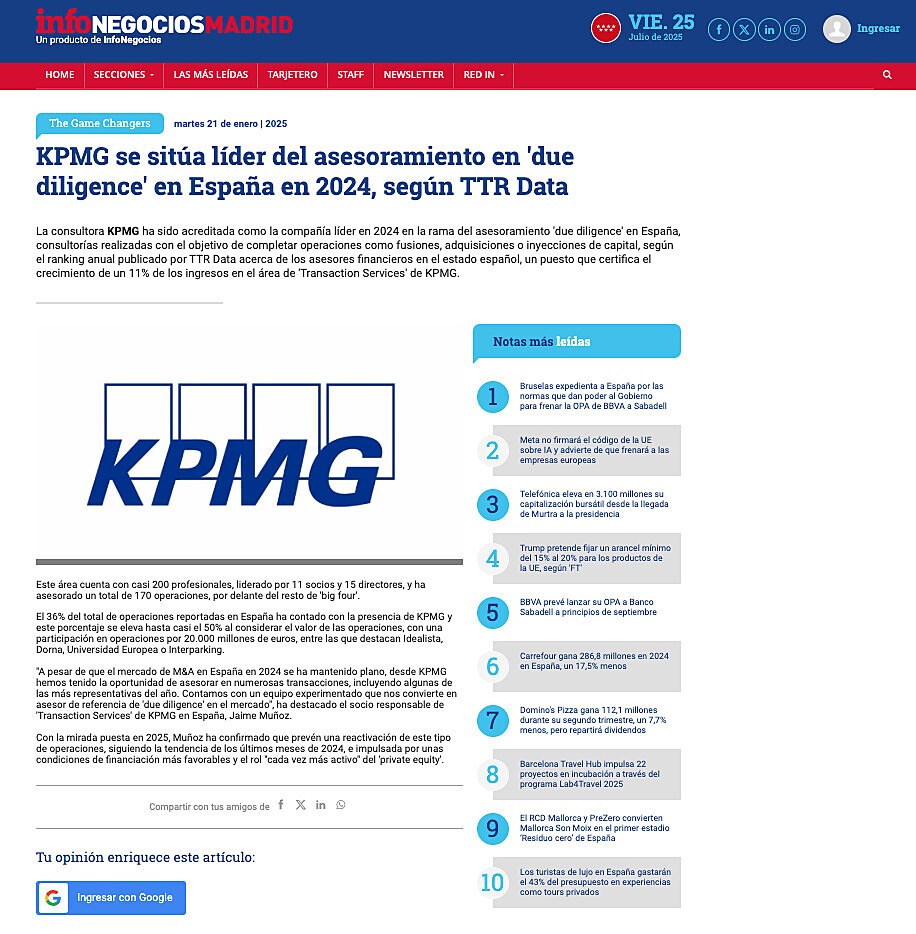 KPMG se sita lder del asesoramiento en 'due diligence' en Espaa en 2024, segn TTR Data
